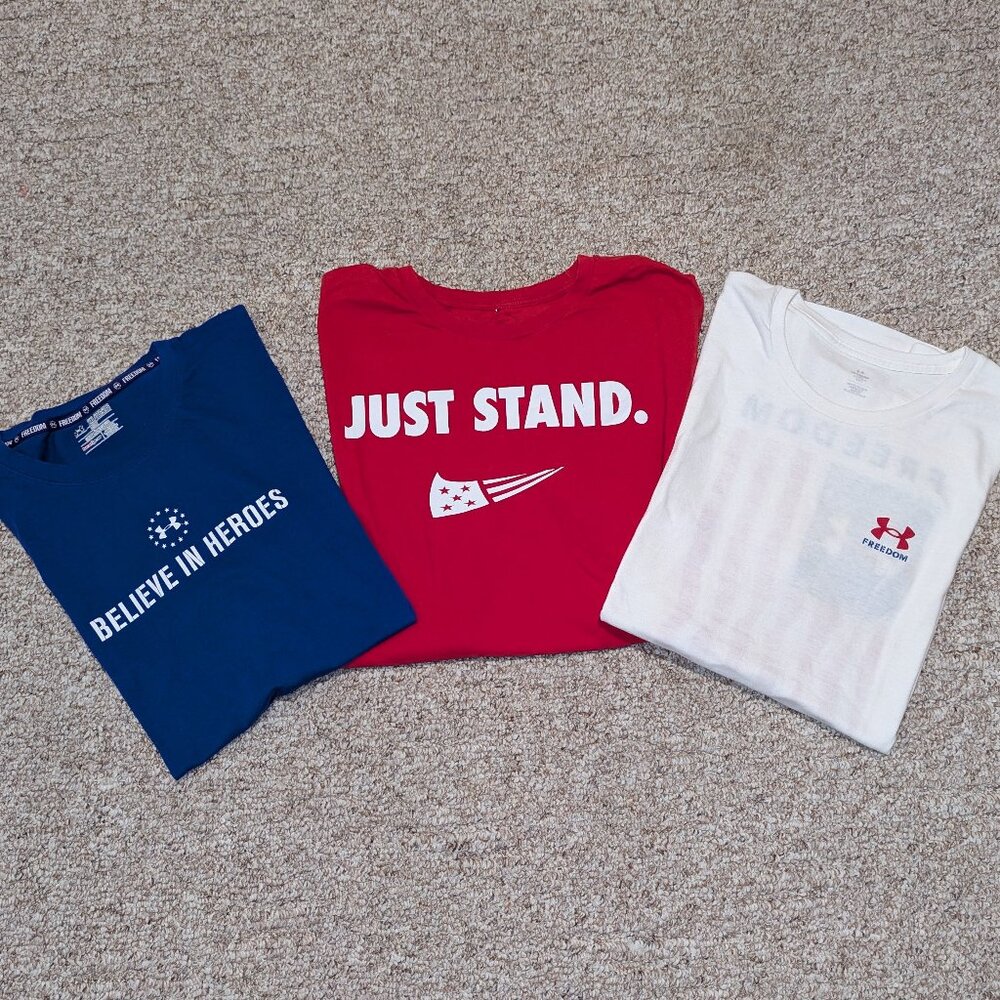 Lot of (3) Patriotic T-Shirts, Under Armour & NineLine